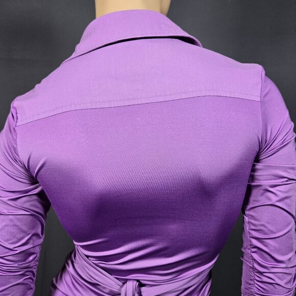 Y2K Zip Up Tie Back Blouse Office Siren Whimsigoth Size S Purple Fitted Ruched - Picture 11 of 13